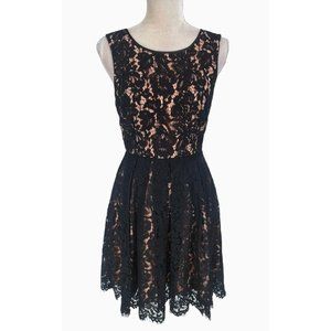 eva Longoria Womens Skater Knee Length Dress Size 4 Black Beige Floral Lace 195P